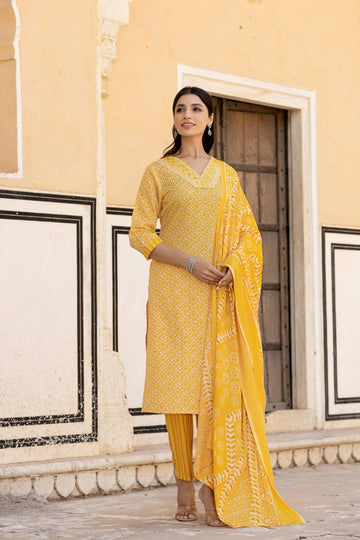 Varanga Women Yellow V Neck Thread Embroidered Kurta Paired With Printed Bottom And Dupatta